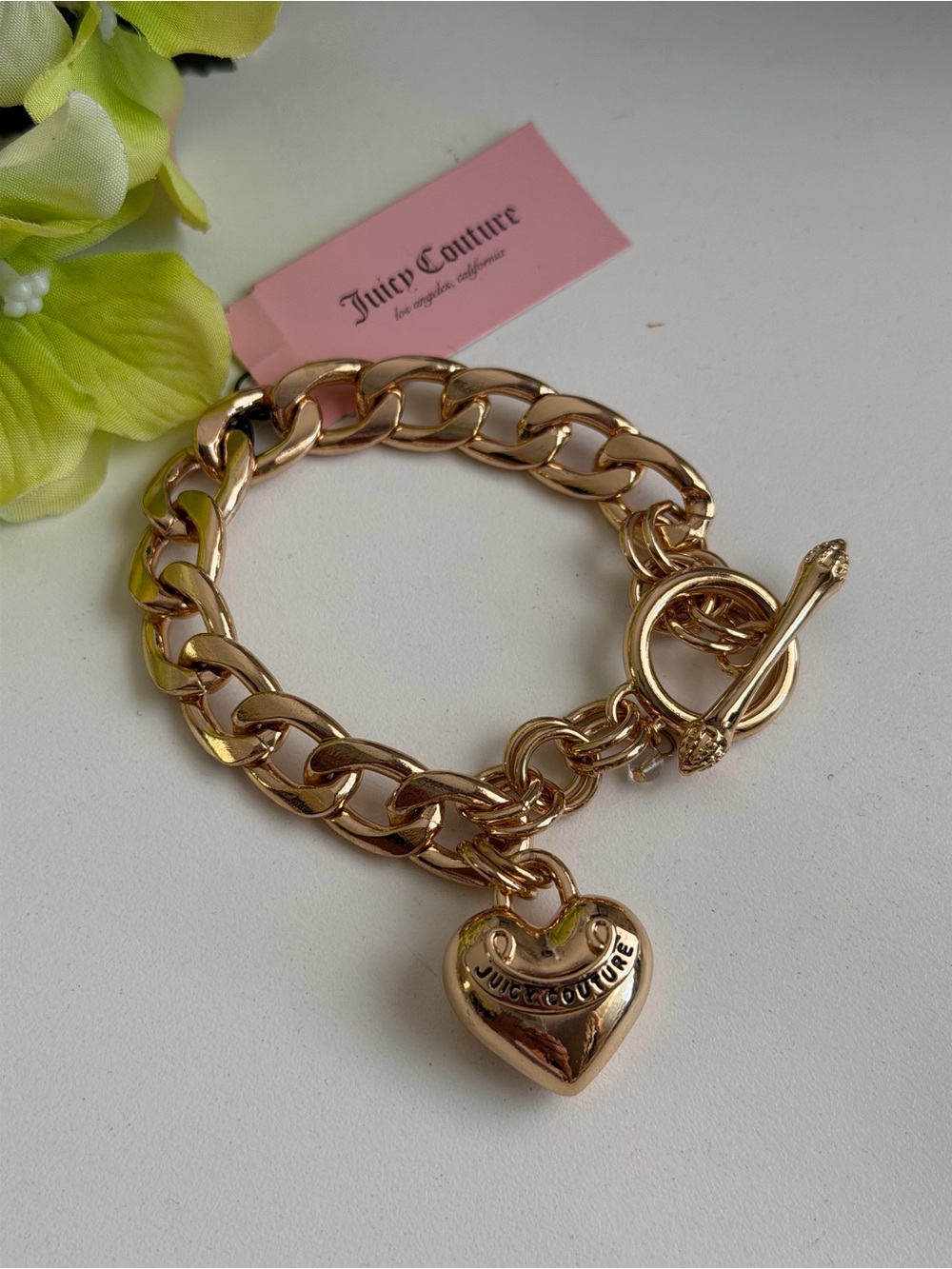 Juicy Couture Rose Gold Curb Chain Bracelet with Heart Charm